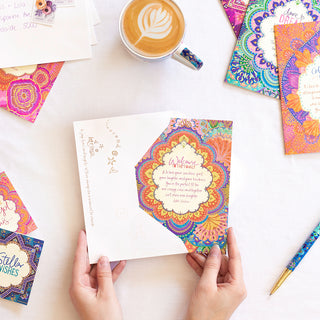 Intrinsic Welcome to the family greeting card with envelope. Unique colourful new family member card with gold foil and inspirational quote on cover by Adele Basheer. Greeting card for engagement party, wedding card,  ister in-law, brother in-law, daughter in-law, son in-law.