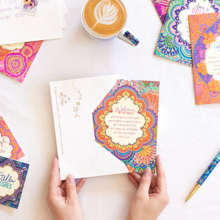 Australian Brand Intrinsic ‘Welcome to the family' Greeting Card. Multi-colour bohemian patterned family card to welcome new in-laws and extended family. Inspirational family occasion card with heartfelt quote by Adele Basheer. Blank Greeting Cards.