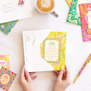 Intrinsic ‘My Beautiful Daughter' themed birthday and special occasion greeting card with envelope. Colourful hand-illustrated wishing card with gold foil and inspirational quote on cover by Adele Basheer. Unique greeting card for proud mums, moms, mothers and parents, to celebrate their special relationship and friendship with their child, a milestone or birthday.