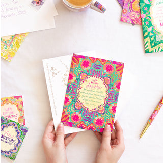 Intrinsic ‘Happy Birthday Daughter'  themed birthday and special occasion greeting card with envelope. Colourful hand-illustrated wishing card with gold foil and inspirational quote on cover by Adele Basheer. Unique greeting card for mum, mom, mothers and parents, to celebrate their special relationship and friendship with their child, a milestone or birthday.