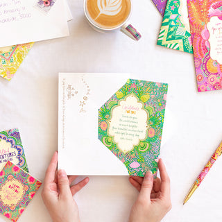 Intrinsic ‘Gratitude for You' motivation themed birthday and special occasion greeting card with envelope. Colourful hand illustrated love and thank you card with gold foil and inspirational quote on cover by Adele Basheer. Unique greeting card for someone special celebrating friendship, a milestone, birthday or anniversary.