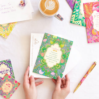 Intrinsic gold foiled beautiful joyful greeting card for all occasions. Green, pink, purple and gold foil heartfelt greeting card with Australian floral design and blank inside. Uplifting greeting card for someone special celebrating friendship, a milestone, birthday or anniversary.