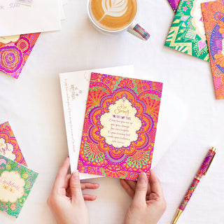 Intrinsic 'Rise Strong’ themed greeting card with envelope. Unique colourful good luck card with gold foil and inspirational quote on cover by Adele Basheer. Greeting card for someone going through a breakup, divorce or stress.
