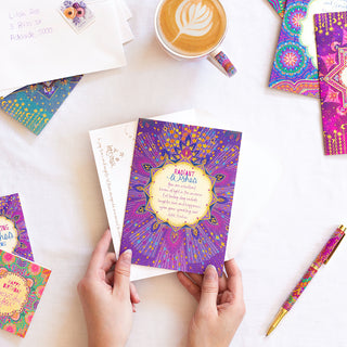 Intrinsic gold foiled beautiful joyful greeting card for all occasions. Purple, blue and gold foil heartfelt greeting card with ethereal starry design and blank inside. Greeting card for someone special, card for someone celebrating a milestone, birthday, anniversary or new beginnings.