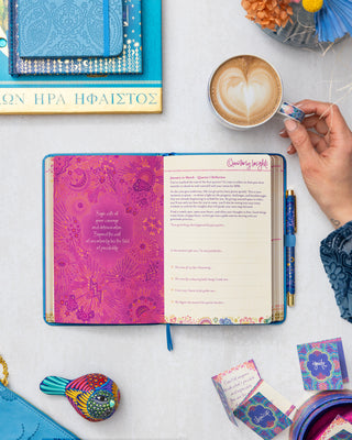 Discover the unique Quarterly Insights in the Intrinsic Year for You Diary in Denmi Days blue - with self-reflection, journaling prompts, gratitude, wellbeing & motivational quotes by Adèle Basheer.