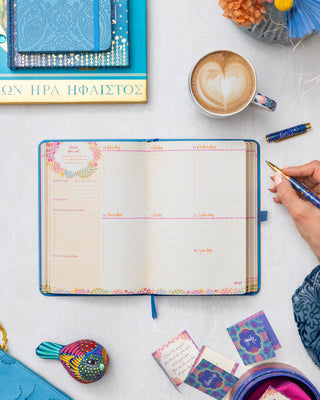 Weekly Organiser magic within the Intrinsic Denim Days Year for You Diary Planner, with habit tracking, gratitude record & inspirational quotes by Adèle Basheer.