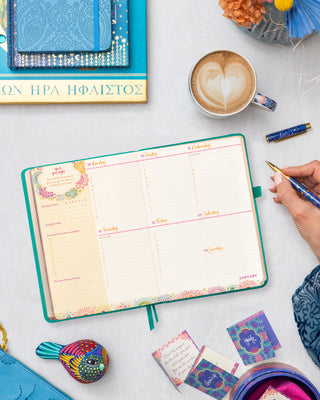Intrinsic Turquoise Twist 'Ignite Your LIght' Diary - weekly planner spread with daily calendar, habit tracking, gratitude list & inspirational quote by Adèle Basheer.