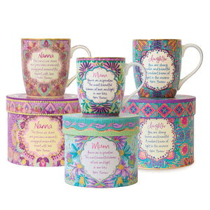 Beautiful trio of inspirational mugs for Nanna, Mum and Daughter with gorgeous colourful design, embellished with real gold and empowering quote from Adèle Basheer. 