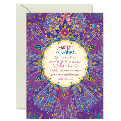 Australian Brand Intrinsic ‘Radiant Wishes' motivational Greeting Card for best wishes. Wishing card with purple, blue and gold starry ethereal illustration. Inspirational special occasion card for joy and good luck with heartfelt quote by Adele Basheer. Blank Greeting Cards.