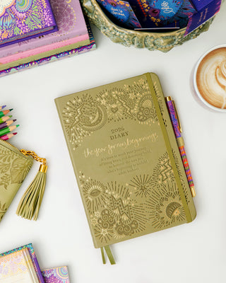Intrinsic personal growth New Beginnings Diary in sage green, perfect for Australia and New Zealand, featuring habit tracking, goal planning & inspirational quotes from Adèle Basheer.