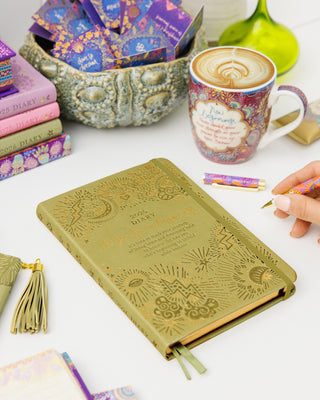 Intrinsic Year for New Beginnings Diary in Olivine green, with soulful journaling prompts, monthly planner and weekly spreads.