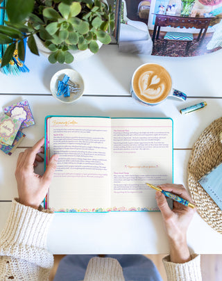 Discover the Intrinsic Turquoise Twist 'Ignite Your Light' Diary - Becoming Golden spread focused on mindfulness, sacred self-care & soulful journaling prompts for achieving goals and dreams.