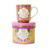 Intrinsic Happy Vibes yellow and pink mug adorned with sparkles of gold foil and inspirational Adèle Basheer quote and motivational message to dream big and live bold. Beautifully Gift boxed.