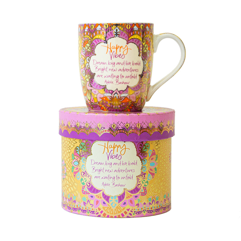 Australian Inspirational Brand Intrinsic happy vibes ceramic mug with pink, gold and yellow boho illustrations