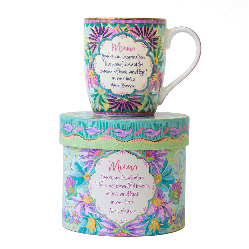 Intrinsic Mum Mug with beautiful mother quote by Adèle Basheer. Australian Mother's Day present. Purple, blue and green ceramic mug with inspirational mum quote