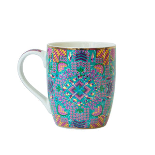 Intricate hand-illustrated pattern on the blue, purple and yellow ceramic Daughter mug by Intrinsic with inspirational quote and sparkling gold foil