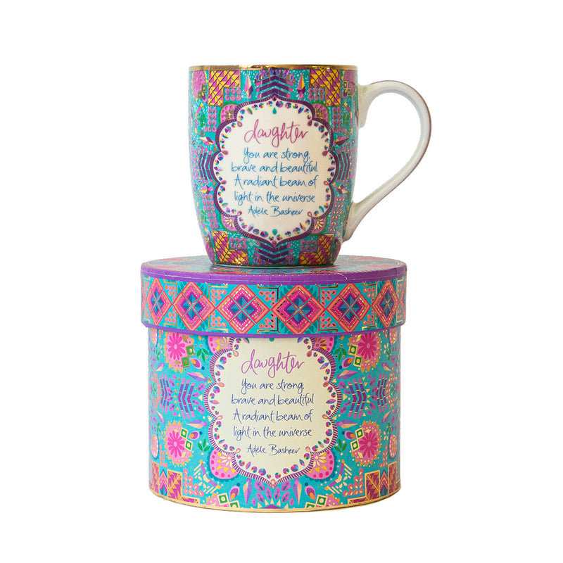 Intrinsic Daughter Mug with inspirational quote by Adèle Basheer. Australian Daughter present for birthdays, Christmas, Mother's Day and just because. Blue, purple and pink ceramic mug with beautiful daughter quote