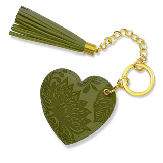 Bright coloured dark green key holder with vegan leather floral pattern and forest green khaki tassel. Featuring heartfelt quote by Adèle Basheer.