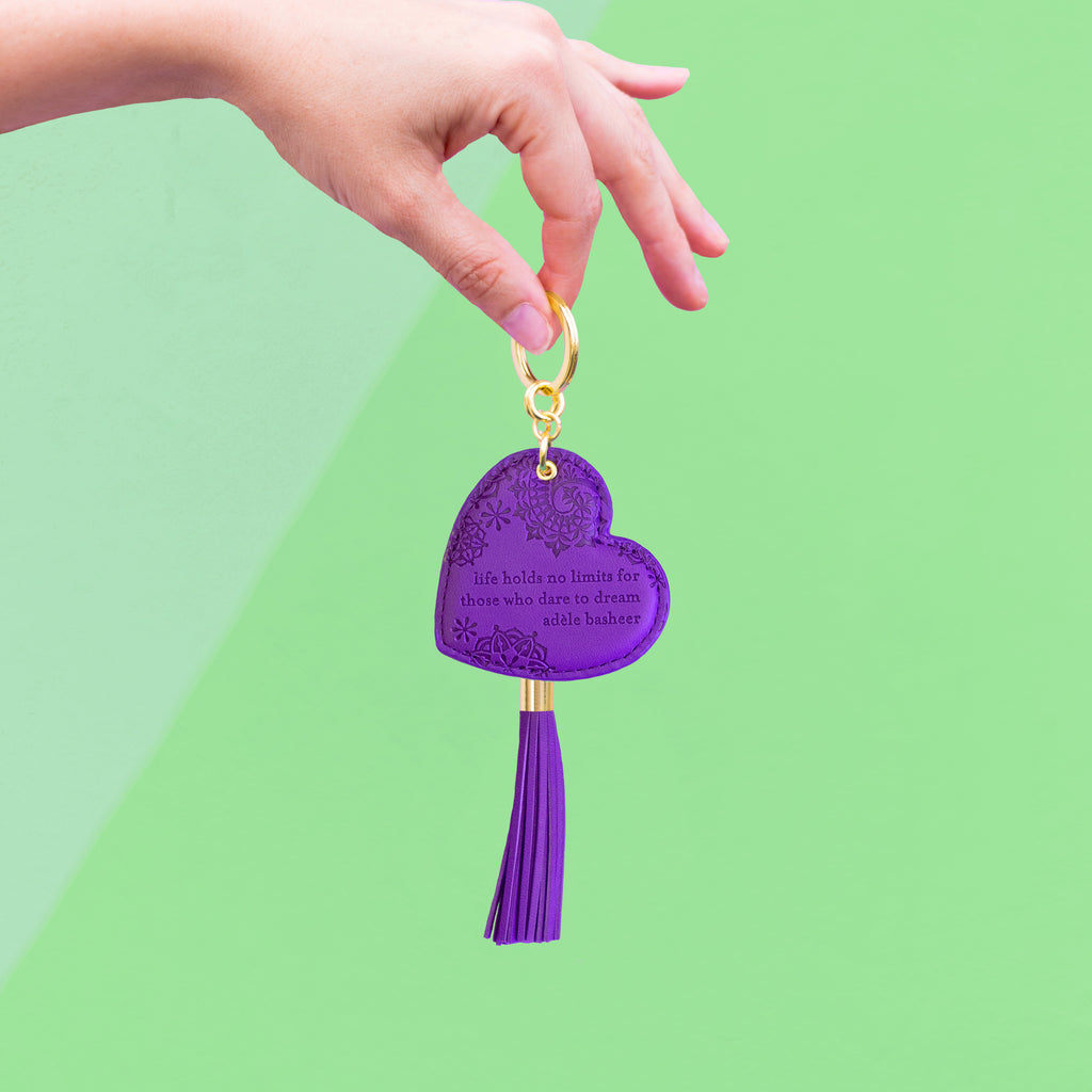 Motivational quote deep violet purple key chain with gold tassel. Easy to find keys, decorate handbag or schoolbag, on the go inspirational accessory. Designed in South Australia. 