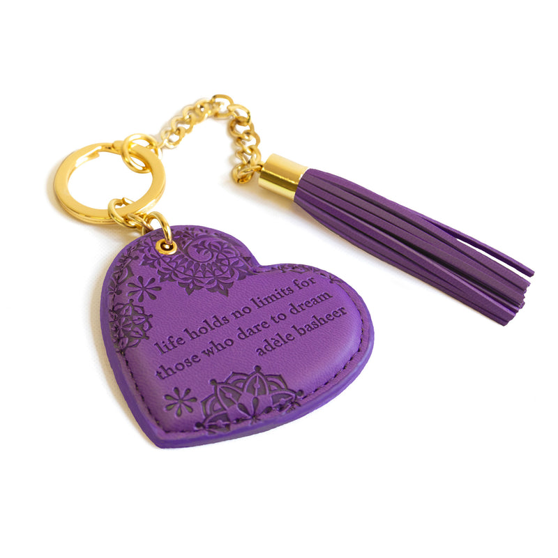 Love heart shaped Vegan Leather dark purple violet Key ring with short inspirational quote. Key holder for house keys, car key, backpack, purse, school bag, gym bag, colour code spare key, shed key, key fob and USB.  