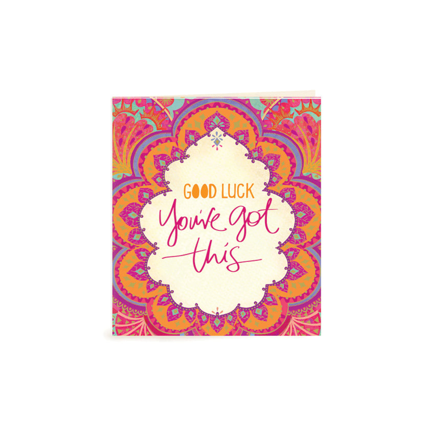 Australian Brand Intrinsic Good Luck You've Got This Gift Tag to inspire in gifts for her and personalised gifts. Red, pink and orange bohemian patterned present tag with gold foil for strength. Inspirational good luck swing tag with heartfelt quote by Adele Basheer. Blank Inside for you message. 