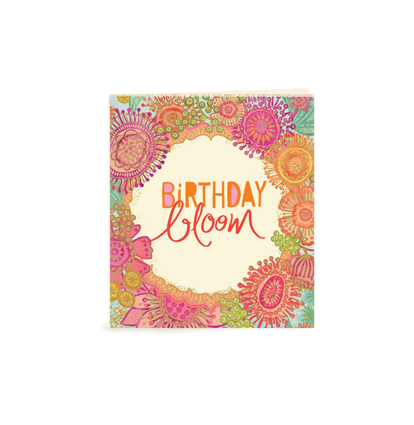 Australian Brand Intrinsic Birthday Bloom Gift Tag to delight in gifts for her and birthday gifts. Patterned present tag with coral, pink and turquoise in an Australian native floral design and gold foil. Birthday swing tag with heartfelt quote by Adele Basheer. Blank Inside for you message. 