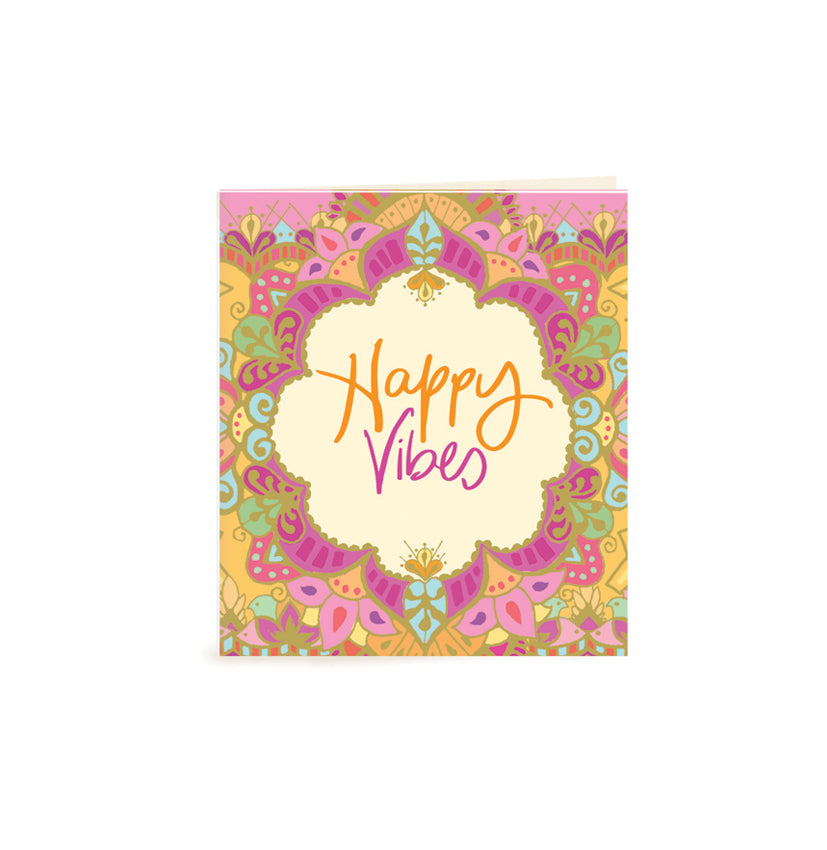 Australian Brand Intrinsic Happy Vibes motivational Gift Tag for best wishes, gifts for her and birthday gifts. Complete your gift packs with yellow, pink and green bohemian patterned present tag with gold foil. Inspirational occasion swing tag for joy and good luck with heartfelt quote by Adele Basheer. Blank Inside for your message.