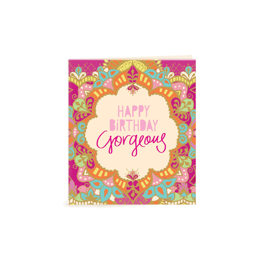 Australian Brand Intrinsic Happy Birthday Gorgeous Gift Tag to delight in gifts for her and birthday gifts. Patterned present tag with pink, orange and turquoise on a hand illustrated bohemian design and gold foil. Birthday swing tag with heartfelt quote by Adele Basheer. Blank Inside for you message. 