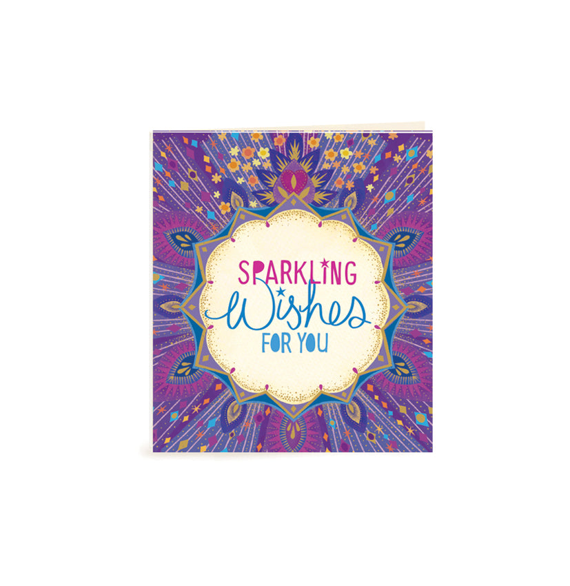 Australian Brand Intrinsic Sparkling Wishes For You motivational Gift Tag for best wishes, gifts for her and birthday gifts. Patterned present tag with purple and blue hues in a starry ethereal design, with gold foil. Inspirational occasion swing tag for joy and good luck with heartfelt quote by Adele Basheer. Blank Inside for you message. 