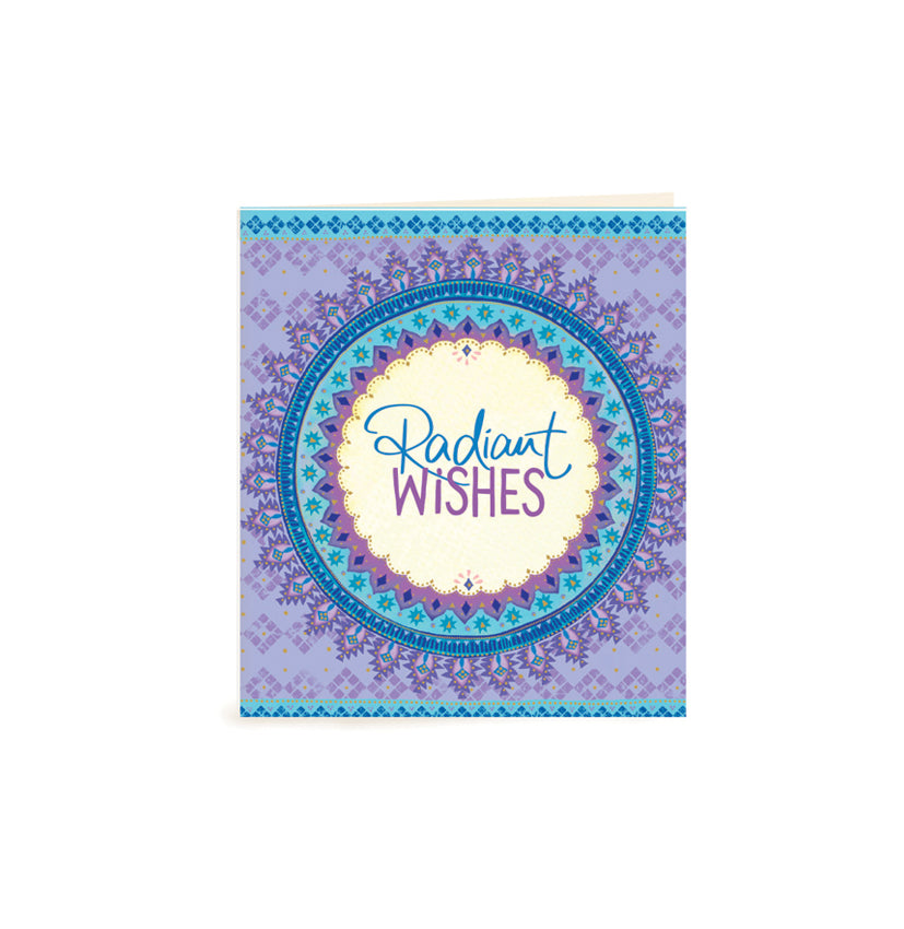 Australian Brand Intrinsic Radiant Wishes motivational Gift Tag for best wishes, good luck and gift packs for her. Patterned present tag with lilac and blue on a bohemian design, with gold foil. Inspirational occasion swing tag for joy, birthdays and celebratory wishes with heartfelt quote by Adele Basheer. Blank Inside for your message. 