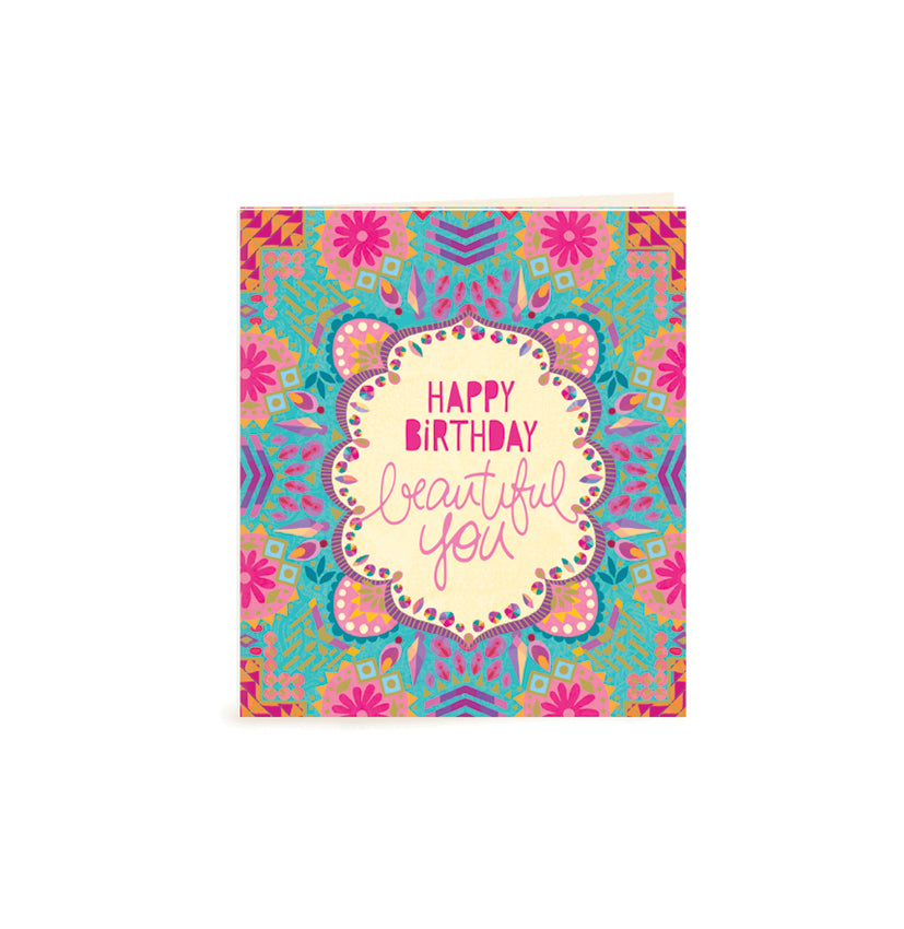 Australian Brand Intrinsic Happy Birthday Beautiful You Gift Tag for showing love and appreciation. Complete your gift packs, gifts for her and birthday gifts with this present tag with pretty turquoise and pink on a bohemian design and gold foil. Birthday swing tag with heartfelt quote by Adele Basheer. Blank Inside for your message. 