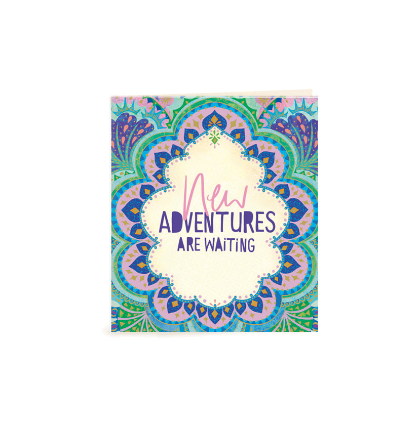 Australian Brand Intrinsic New Adventures are Waiting Gift Tag to inspire someone special to trust and embrace new beginnings. Complete your personalised gifts with purple, blue and turquoise on a bohemian design, and sparkles of gold foil. Inspirational good luck swing tag with heartfelt quote by Adele Basheer. Blank Inside for you message. 