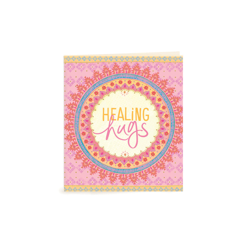 Australian Brand Intrinsic Healing Hugs Gift Tag for sympathy and support. A beautiful way to complete personalised gifts with purple, blue and turquoise on a bohemian design, and sparkles of gold foil. Soulful condolence swing tag with heartfelt quote by Adele Basheer. Blank Inside for you message. 