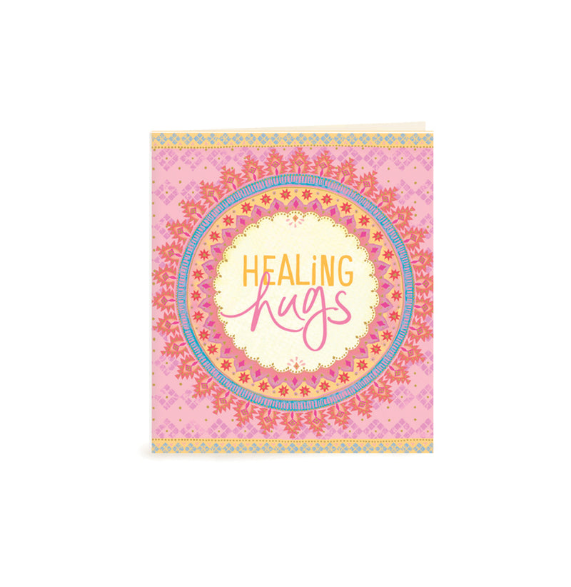 Australian Brand Intrinsic Healing Hugs Gift Tag for sympathy and support. A beautiful way to complete personalised gifts with purple, blue and turquoise on a bohemian design, and sparkles of gold foil. Soulful condolence swing tag with heartfelt quote by Adele Basheer. Blank Inside for you message. 
