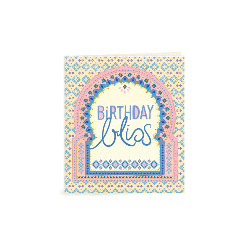 Australian Brand Intrinsic Birthday Bliss Gift Tag for showing love and appreciation. Complete your gift packs, gifts for her and birthday gifts with this present tag with soulful pops of pink and blue on a unique bohemian design and gold foil. Birthday swing tag with heartfelt quote by Adele Basheer. Blank Inside for your message. 