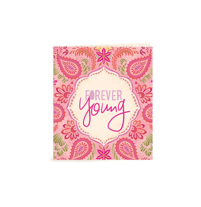 Australian Brand Intrinsic Forever Young Gift Tag to celebrate someone special of any age! Complete your gift packs, gifts for her and birthday gifts with this inspiring present tag with pretty pink hues on a unique bohemian design and gold foil. Birthday swing tag with heartfelt quote by Adele Basheer. Blank Inside for your message. 