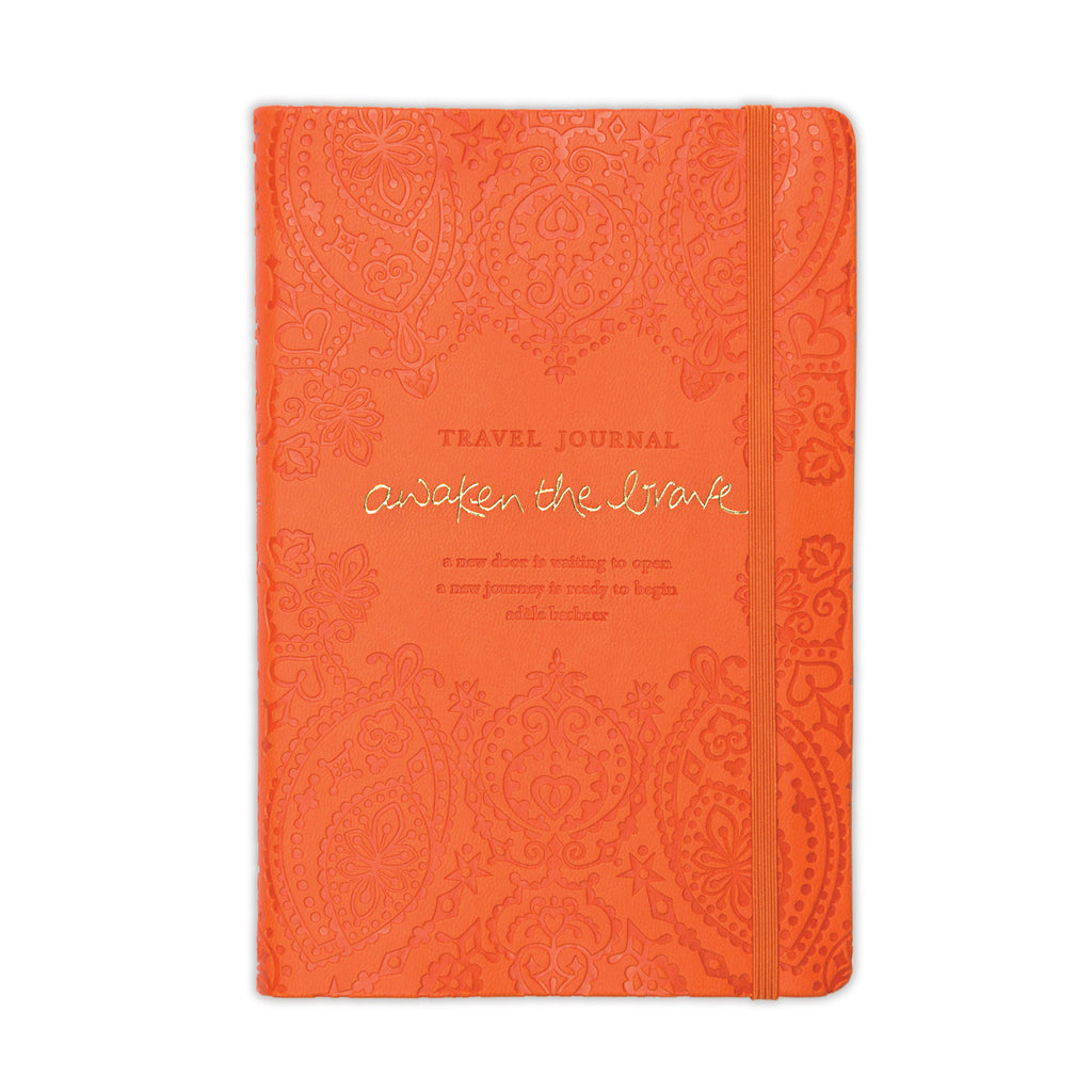 Intrinsic's Tangelo Orange 'Awaken the Brave' Travel Journal, embossed with boho illustrations, adorned with gold foil and a motivational quote from inspiration icon Adèle Basheer.
