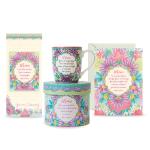 Treat Mum with a gorgeous mug, magnetic listpad for shopping and notes and greeting card, featuring a stunning floral design in pinks, teals and purples and empowering quote from inspiration icon Adèle Basheer. 