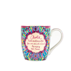 Gift boxed ceramic mug - Auntie mug with heartfelt message - purple and blue tones