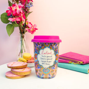 Intrinsic Pink and Blue Ceramic Reusable Travel Cup with Inspirational Quote from Adele Basheer