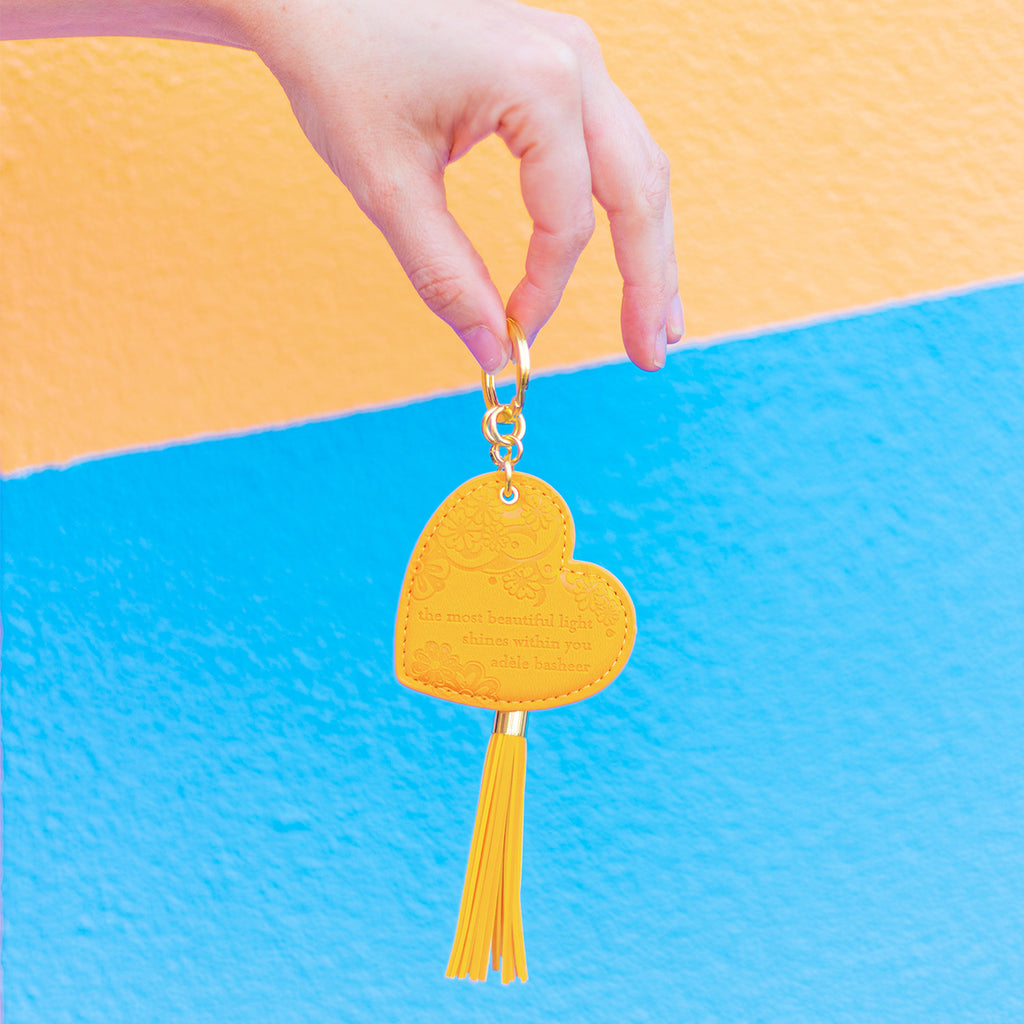 Motivational quote golden yellow key chain with gold tassel. Easy to find keys, decorate handbag or schoolbag, on the go inspirational accessory. Designed in South Australia. Gift Boxed.