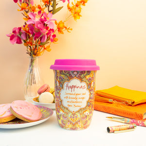 Intrinsic Happiness Yellow and Pink Ceramic Travel Coffee Mug Keep Cup