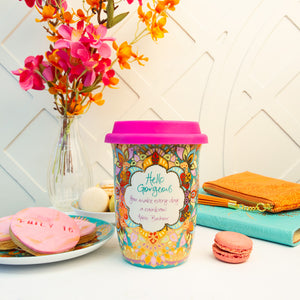 Intrinsic Colourful Turquoise Ceramic Travel Coffee Cup with Hot Pink Lid