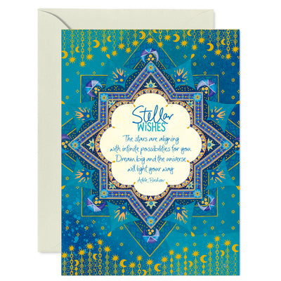 Australian Brand Intrinsic 'Stellar Wishes' motivational Greeting Card for best wishes. Wishing card with blue and green starry ethereal design. Inspirational occasion card for joy and good luck with heartfelt quote by Adele Basheer. Blank Greeting Cards.