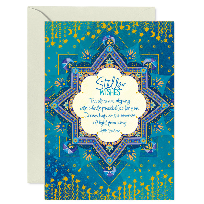 Australian Brand Intrinsic 'Stellar Wishes' motivational Greeting Card for best wishes. Wishing card with blue and green starry ethereal design. Inspirational occasion card for joy and good luck with heartfelt quote by Adele Basheer. Blank Greeting Cards.