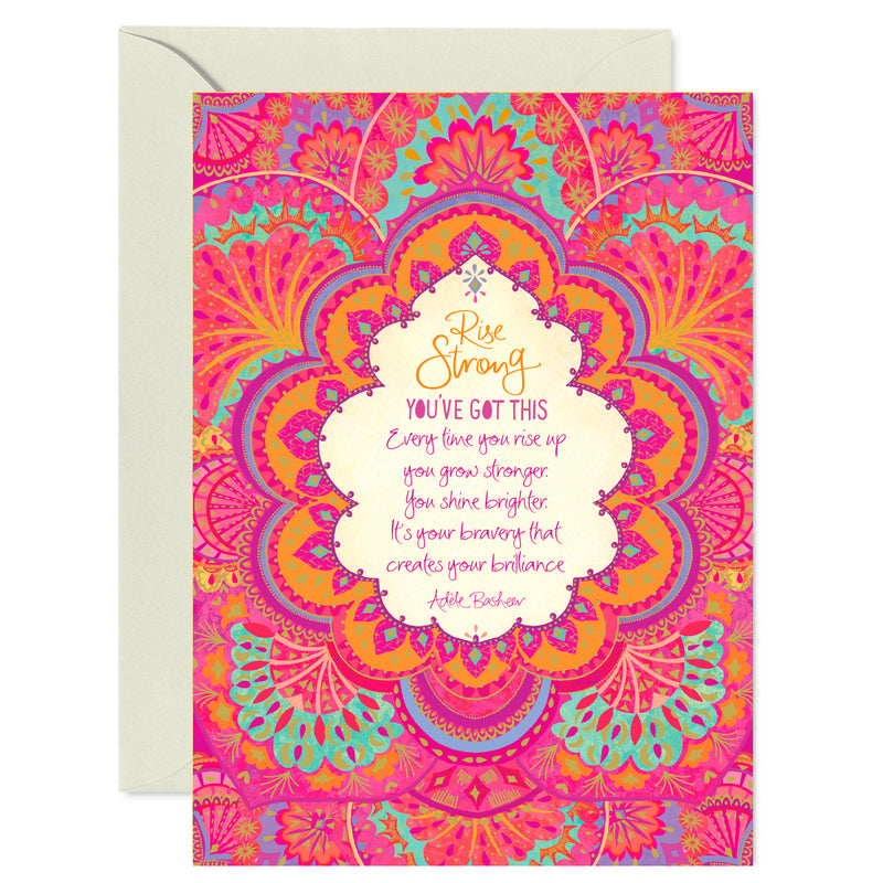 Intrinsic 'Rise Strong’ themed greeting card with envelope. Unique colourful good luck card with gold foil and inspirational quote on cover by Adele Basheer. Greeting card for someone going through a breakup, divorce or stress. 
