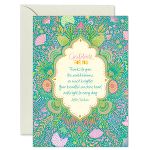 Australian Brand Intrinsic ‘Gratitude for You' motivational Greeting Card for best wishes and thanks. Wishing card with green, pink and purple in a hand-illustrated, Australian floral design. Inspirational special occasion card for love and friendship with heartfelt quote by Adele Basheer. Blank Greeting Cards.