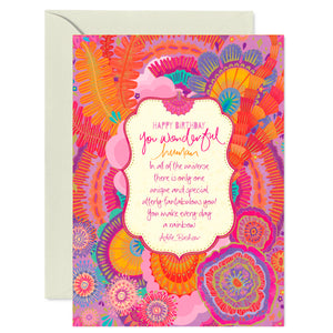 Australian Brand Intrinsic ‘Happy Birthday You Wonderful Human' motivational Greeting Card. Beautiful milestone card with purple, orange and pink in a hand-illustrated, Australian floral design. Inspirational special occasion card for celebration and friendship with heartfelt quote by Adele Basheer. Blank Greeting Cards.