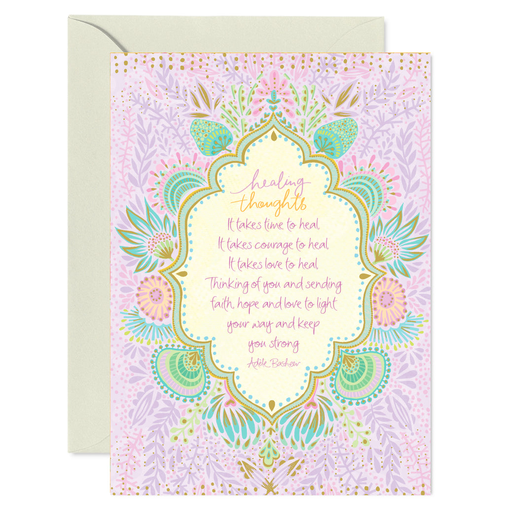 Australian Brand Intrinsic ‘Healing Thoughts' sympathy Greeting Card. Beautiful card with soothing pops of lilac and green in a hand-illustrated design. Soulful condolence card for comfort in challenging times of grief, death and loss with heartfelt quote by Adele Basheer. Blank Greeting Cards.