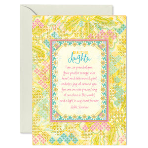 Australian Brand Intrinsic ‘My Beautiful Daughter' motivational Greeting Card for appreciation from proud mums, moms, mothers and parents. Beautiful card with sparkles of gold foiling, floral illustrations, and yellow, pink and turquoise. Inspirational special occasion card for celebration of children and loved ones with heartfelt quote by Adele Basheer. Blank Greeting Cards.